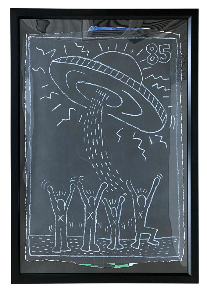 РЕДКИЙ рисунок большого мела в рамке Keith Haring NYC Subway 1980-е на черной бумаге - Изображение 1 из 4