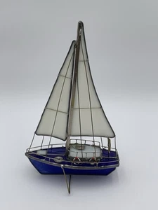 Vintage Stained Glass Sail Boat Sculpture Figurine Ornament Sun Catcher 11” - Picture 1 of 8