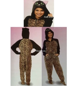 Leopard Cat ADULT 1PC Costume PJS Fleece Hooded Footed Pajamas Ears NWT - Picture 1 of 7
