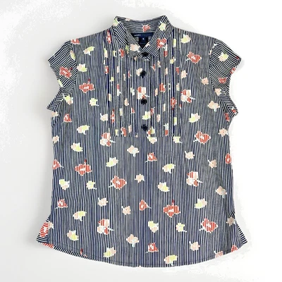 Marc Jacobs Womens Sz 6 Blouse Blue Stripe Floral Pleats Tuxedo Front Cap Sleeve Foto 1 de 4