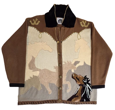 Cardigã suéter Storybook tricô silhuetas do oeste tamanho pequenos cavalos rodeio - Imagem 1 de 4