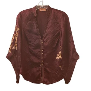Salbei Damen Burgunder Satin Winkelärmel Bluse Jacke Gold Lackiert Größe XS - Bild 1 von 10