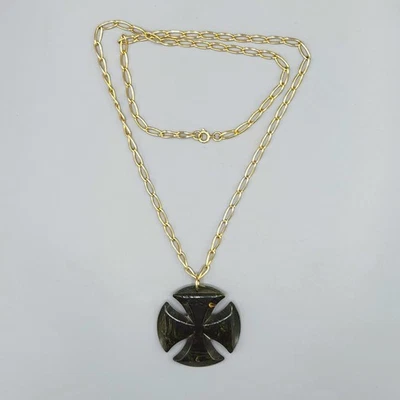 Dark Green Yellow Marbled Bakelite Catalin Maltese Cross Pendant Necklace 26" - Image 1 of 4