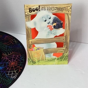 Vintage Halloween Card American Greetings Stand Up Card Ghost Neon Orange - Picture 1 of 8