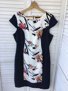 Asda GEORGE Moda Dress Floral Panel Navy Blue Cream Lined BNWT Sz 16 Cap Sleeve - Bild 1 von 9