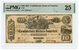 1861 T-29 $10 The Confederate States of America Note - CIVIL WAR Era PMG VF 25 - Picture 1 of 2