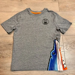 365 Kids Shark Graphic Tee Shirt Zipper Accent Short Sleeve Gray Size 6 - Picture 1 of 5