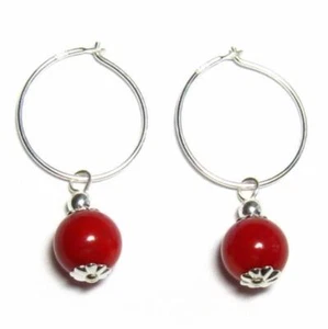 8mm Genuine Red Coral Bead 925 Sterling Silver Hoop Earrings - Picture 1 of 1