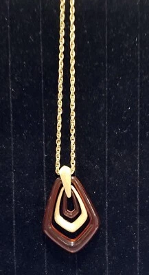 Vintage AVON Brushed Gold Tone Amber Lucite Faux Tortoise Shell Pendant Necklace - Image 1 of 4