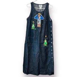 Quacker Factory Small Jumper Maxi Dress Black Jean Denim Angel Snowmen Trees NWT - Picture 1 of 13