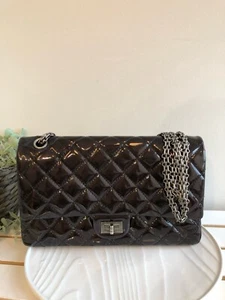 AUTH CHANEL 2.55 226 REISSUE DARK BROWN PATENT LEATHER FLAP BAG SILVER HW - Picture 1 of 24