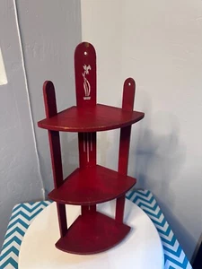 Vtg 50s Red Wood Whatnot SHELF Corner Hanging / Sits on Counter Hamilton Co -17" - Picture 1 of 17