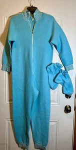 Vintage Mid-century 1960s Blue Fleece One Piece Adult Pajamas W/ Footies - Picture 1 of 12