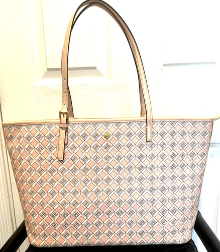Borsa a tracolla nuova con etichette Tory Burch Dusted Blush Geo logo top zip tote bag $398