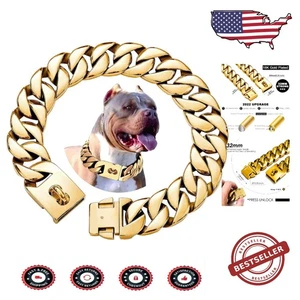 Chew-Resistant 32MM 18K Gold Dog Collar with Secure Buckle for Large Dogs - Picture 1 of 7