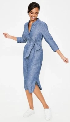BODEN DENIM DRESS Linen Blend Sz 12 R Midi Pockets Nautical Button Up 3/4 Sleeve - Image 1 of 4