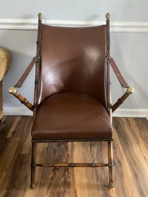 Italian Folding Chair Faux Leather Seat & Brass Trim Bamboo Labarge Mirror Co - Image 1 of 4