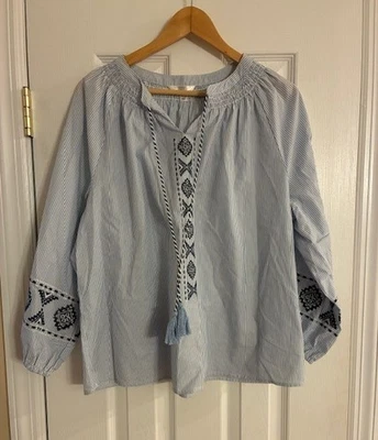 Blusa Top Time & Tru Para Mujer Azul Rayas Bordada Campesina Mezcla Algodón XL Foto 1 de 4