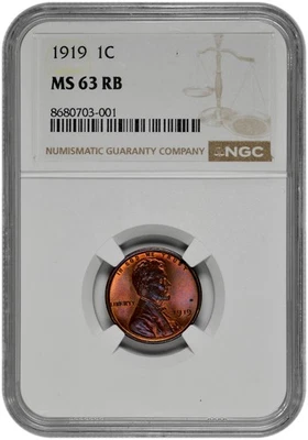 1919 1c Lincoln Wheat Cent NGC Graded MS 63 RB with Purple Toning - Image 1 of 2