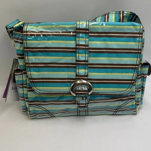 Kalencom · Buckle Messenger Diaper Bag Set · Laminated Striped · Turquoise/Brown - Picture 1 of 9