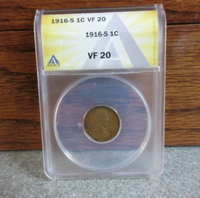 1916-S Lincoln Wheat Small Cent ANACS : graded VF20 : LOW MINTAGE, SAN FRANCISCO - Image 1 of 4