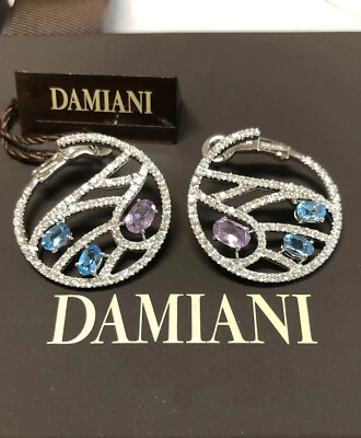 Pendientes tipo aro circular Damiani oro 18K diamante amatista y topacio azul nuevos con etiquetas $12500 Foto 1 de 4