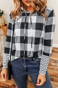 Plaid Striped Patchwork Drawstring Hoodie - Picture 1 of 3