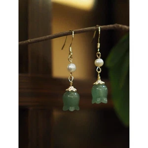 Natural Green Lily Jade Flower Pearl Dangle Earrings Woman's Drop Earring Gift - Picture 1 of 4