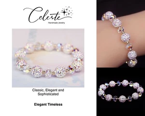 Beaded Austrian Crystal Charm Bracelet Shinny Engraved Glassy Bracelets - Foto 1 di 6