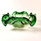 Vintage Art Glass Bowl Hand Blown Ashtray Clear Swirl Green Ruffle Bubble Glass