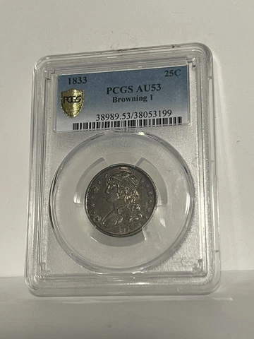 1833 Silver Capped Bust Quarter Dollar, PCGS Graded AU3, Browning 1 Variety Cover