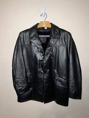 Vintage 80s Genuine Leather Jacket Coat Black Button SIZE 42 Removable Liner - Image 1 of 4