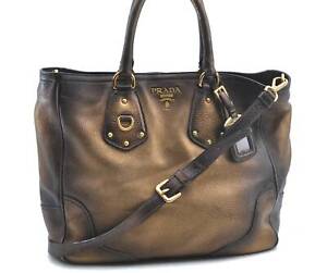 Authentic PRADA Leather 2Way Shoulder Cross Body Hand Bag Gold Black G3059