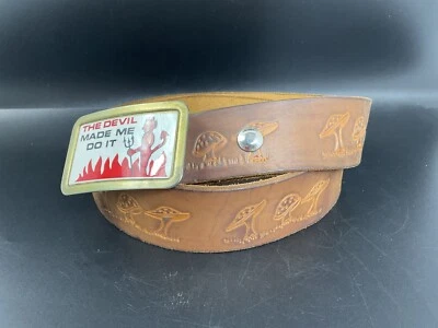 Vintage Style Mushroom Belt Stamped Brown Leather with Devil Buckle - Image 1 of 4