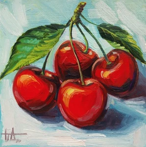 Berries painting still life, red cherries, miniature painting 5x5 inches - Picture 1 of 6