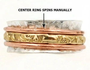 Three Tone Meditation Spinner Band 925 Sterling Silver Ring Sz 6 - Picture 1 of 2