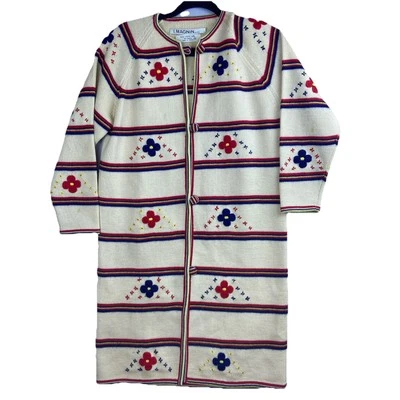 Vintage I. Magnin Sweater Coat Women’s Medium Knit Long Wool Floral 70’s Cream - Image 1 of 4