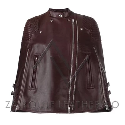 Capa de cuero borgoña para mujer, ropa exterior de cuero de diseñador, elegante moda de otoño Foto 1 de 4