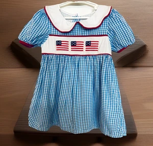 Vtg Abby & Evie Girl's Age 4-6 Dress Blue White Gingham American Flags Patriotic - Picture 1 of 8