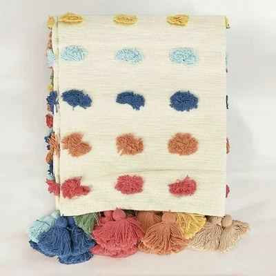 NEW Anthropologie Boho Tassel Pom Pom Colorful Throw Blanket Bedding - 50" x 60" - Image 1 of 4
