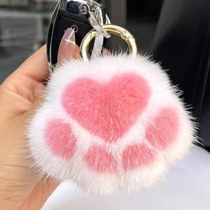 Women Cat Paw Fur Keychain Charm Fashion Paw Car Key Chain Bag Pendant Keyrings - Picture 1 of 8