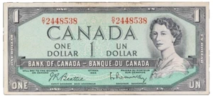 CANADA $1 BANKNOTE 1954 BEATTIE RASMINSKY MODIFIED SERIES ELIZABETH II VINTAGE - Picture 1 of 12