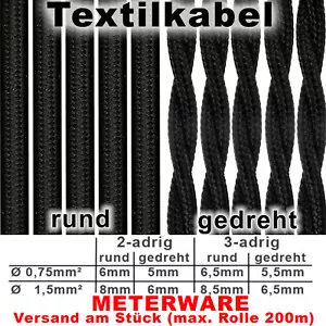 2-adrig 3-adrig Textilkabel Stoffkabel pendelkabel rund gedreht verdreht Schwarz - Bild 1 von 1
