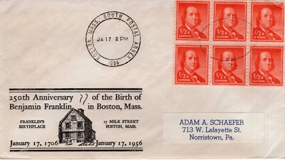 BENJAMIN FRANKLIN 250TH ANNIVERSARY - BOSTON, MA  1956  FDC17672 - Image 1 of 2