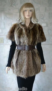 GENUINE RACCOON FUR VEST Sleeveless Jacket, brown, size M, real fur - Picture 1 of 12