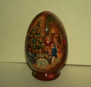 Hand Painted Lacquered Wood Egg Signed Victorian Christmas Celebration 360 - Picture 1 of 12