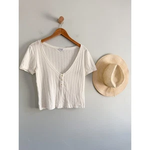 Leset | Pointelle V-neck Crop Tee Cream Off White | Sz XS - Picture 1 of 8