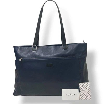 Furla Ulisse Leather Tote Bag Navy A4 Shoulder Used Excellent Condition Japan - Image 1 of 4