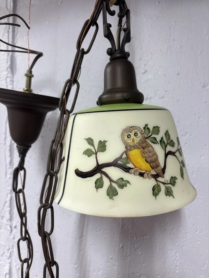 Cadena antigua, luz colgante colgada - con mano, obra de arte de búho pintada  Foto 1 de 4