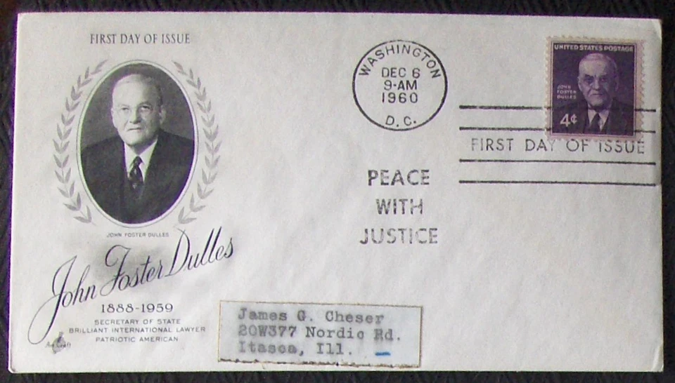 USA FDC SC #1172 JOHN FOSTER DULLES 1960 Art Craft Cachet. - Image 1 of 1
